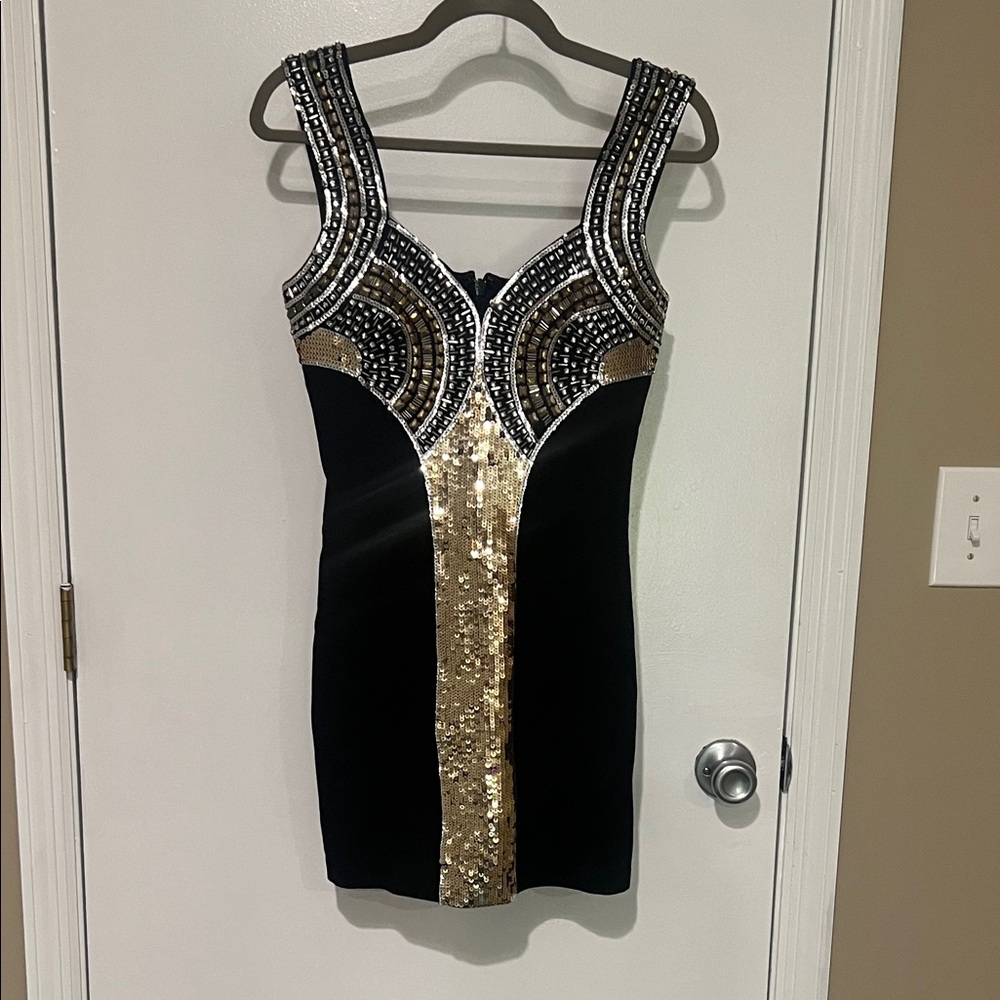 Bebe Black and Gold Sequin Mini Dress